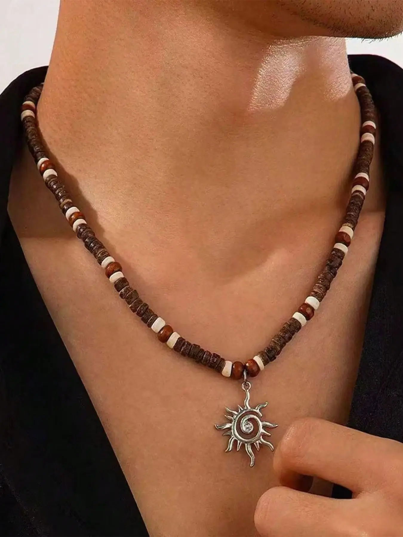 Men's Beaded Necklace, Surfer Necklace, Wooden Beaded Necklace, Coconut Shell Necklace, Beach Necklace, Hawaii Summer Necklace, Beach Jewelry, Alloy Pendant Necklace