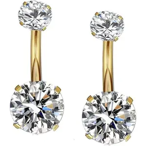 Gold Surgical Steel Belly Button Ring, 14G Internally Threaded Navel Piercing Barbell with Round CZ for Women, Belly Piercing