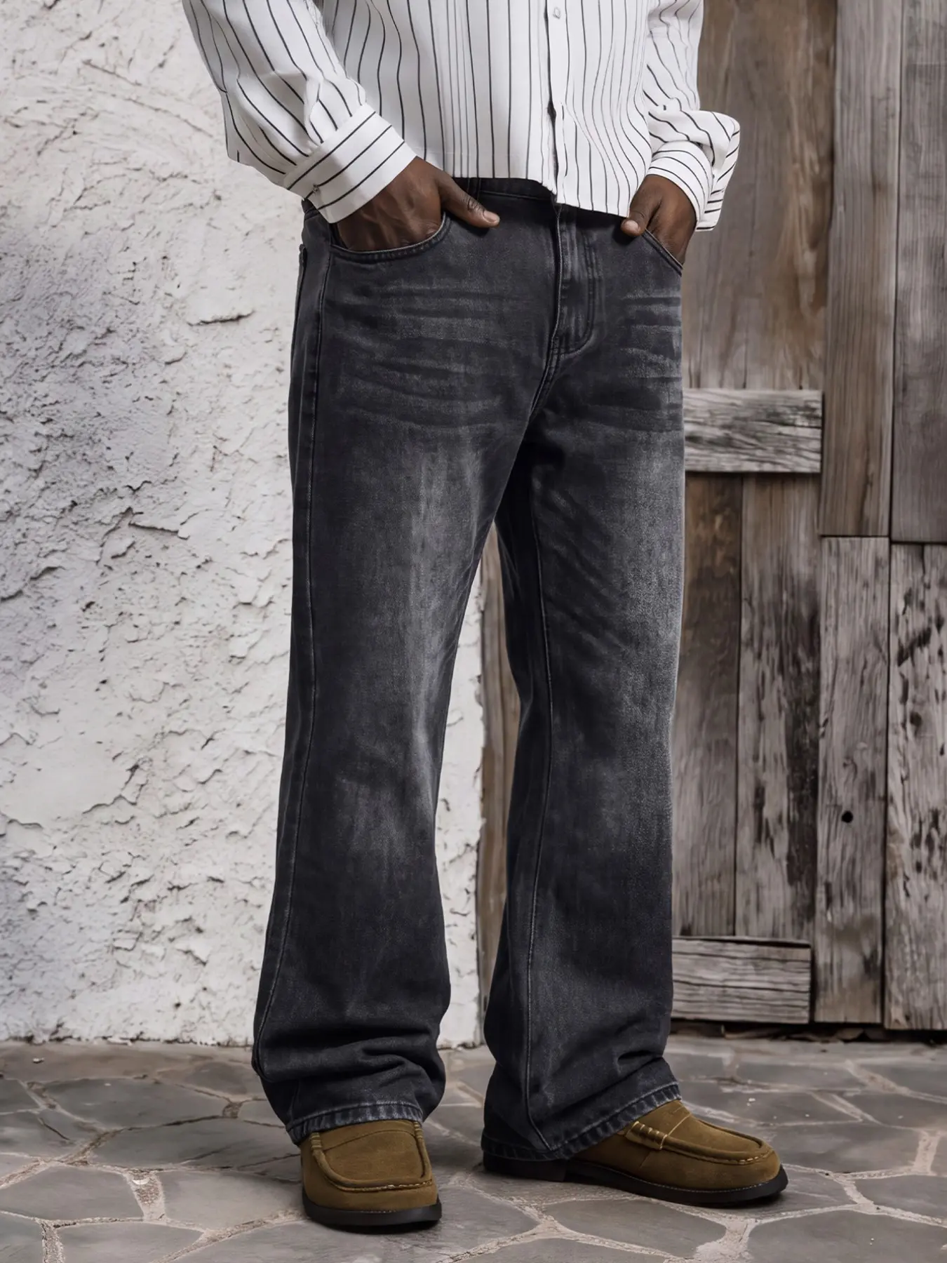 Men's Washed Bell Bottom Jeans, Vintage Bleached Effect, All-Season Casual Long Pants, Comfortable and Stylish
