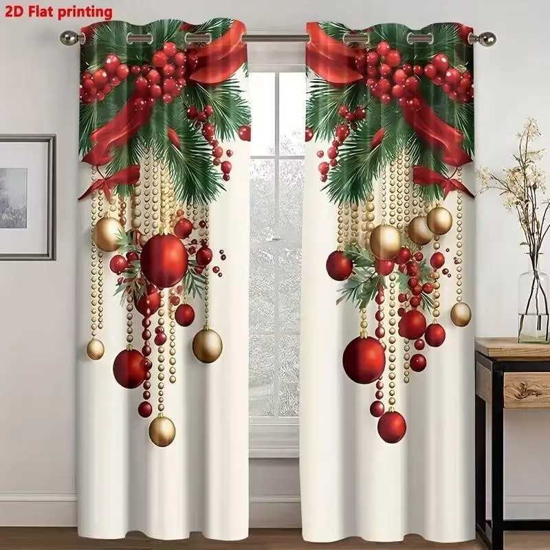 Versatile Christmas Holiday Printed Window Curtains 2 Panels, Mixed Xmas Floral Ornament Snow Scene Washable Fabric Drapes Room Decor Curtain