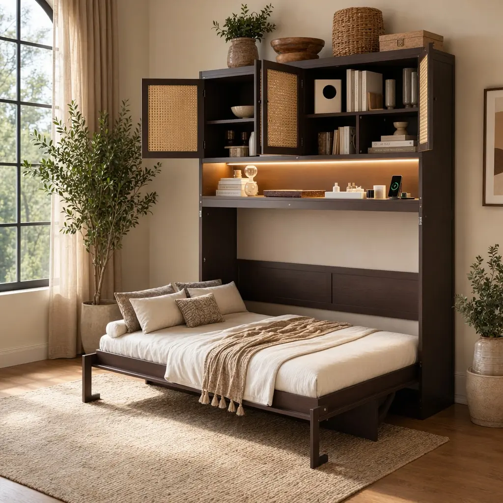 Twin Murphy Bed with Top Cabinet, Space-Saving Foldable Design, Light & USB, Built-In Hub, Boho Rattan Look, Espresso Indoor Bed Frame, Apartment Furniture, Folding Guest Bed, USB Charging Station