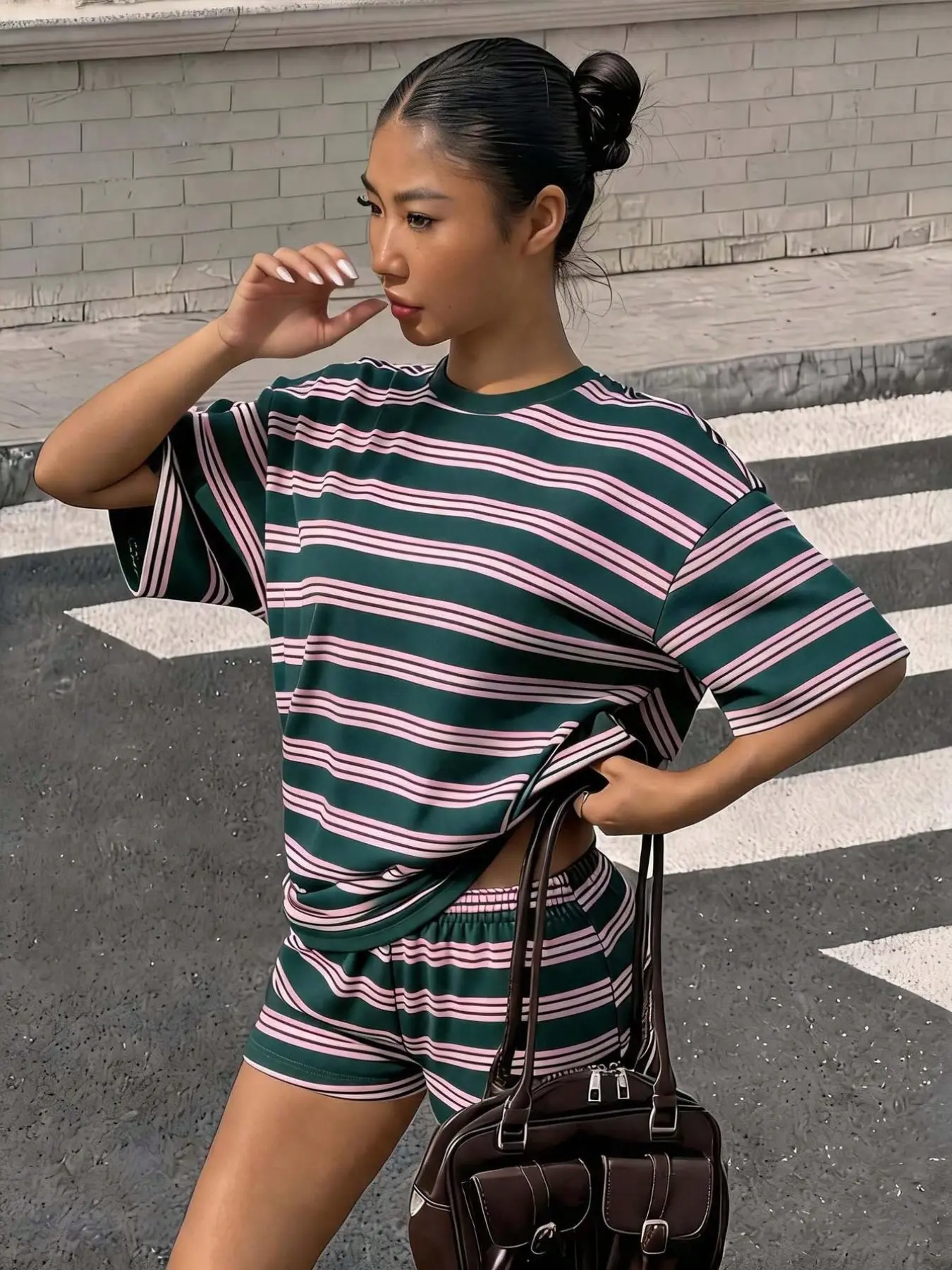 Girls' Cute Fashion Casual Short Sleeve Shorts Set, Top & Bottom, Simple Colorblock Symmetrical Striped Print, Comfortable for Home and Work