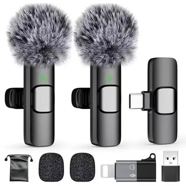 Wireless Lavalier Microphone 2 Pack, Dual Mini Mic for iPhone Smartphone Android Tablet and Camera, Plug and Play Audio Kit with Wind Muff, Lightning Port, USB-C Receiver, Storage Bag for Recording, Vlog and Live