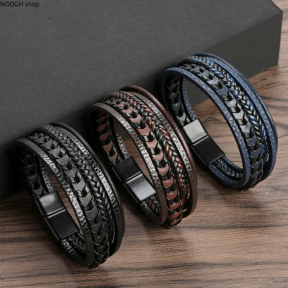 Men's Multi-Layer Leather Bracelet - Retro Punk Braided Wrap Wristband, Vintage Handmade Leather Weave Cuff Bangle, Stainless Steel Magnetic Clasp, Year-Round Casual Father Gift Jewelry