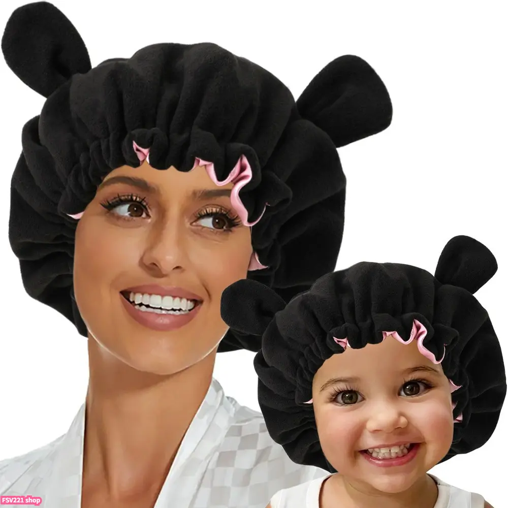 Women's 2-Piece Matching Parent-Child Set: Soft, Cute Bear & Devil-Horn Style Sleep Hat – Warm, Comfortable Nightcap for Sleepwear; Ideal for Cozy Nights. Features a cute horn design and a soft, comfortable elastic band to effectively protect your hair