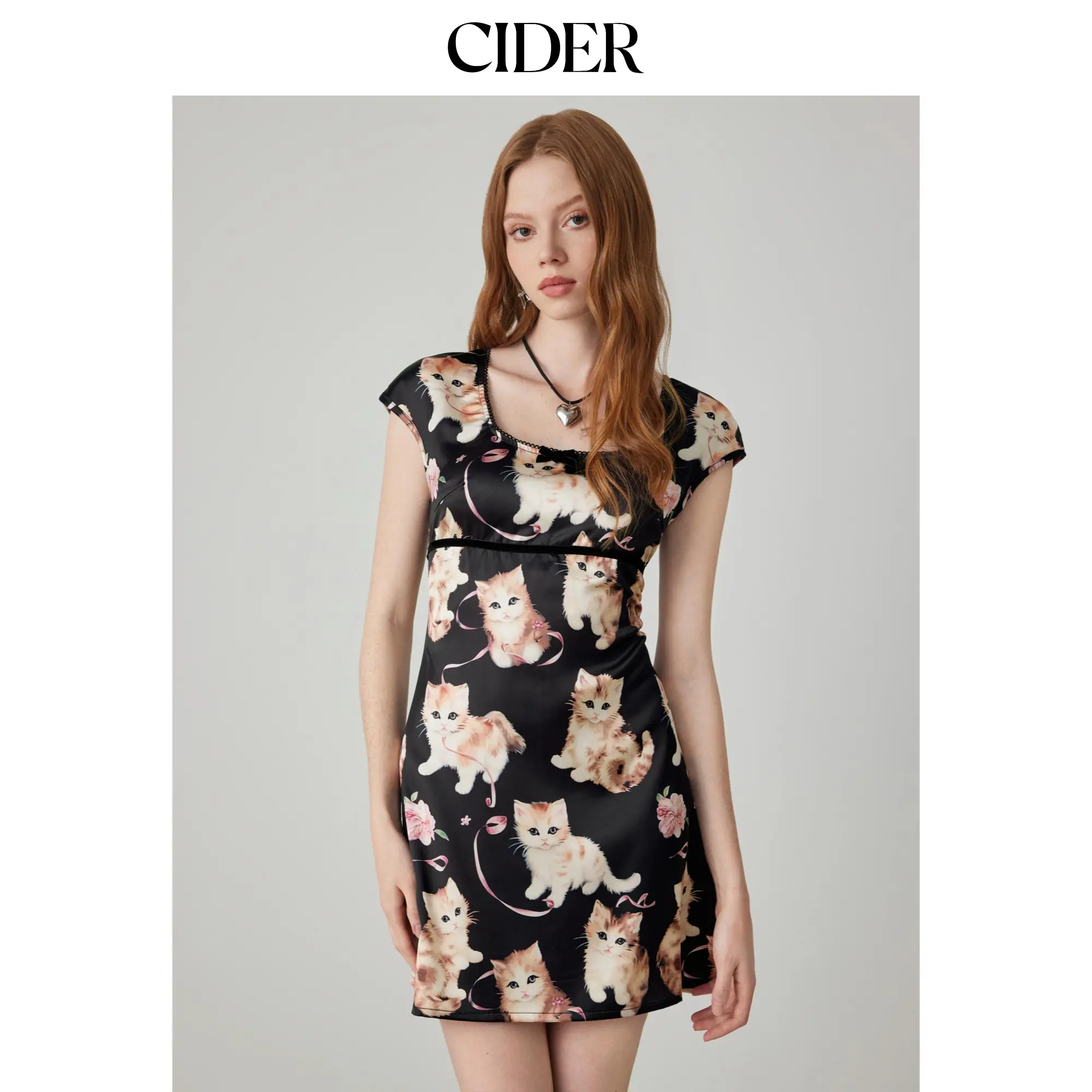 Cider [size 0-26] Satin V-neck Cat Bowknot Mini Dress SummerFinds