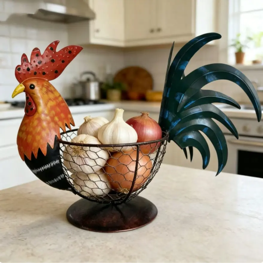 Farmhouse Rustic Multicolor Chicken Wire Metal Egg Basket, Vintage Rooster Ornament, Cute Decorative Fruit Basket for Kitchen Counter Storage Basket for Kitchen & Home, Decoration