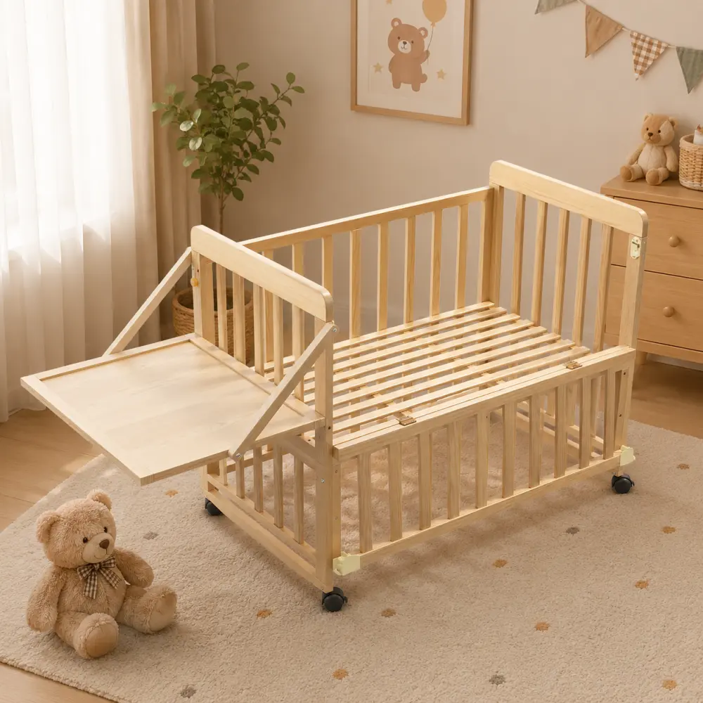 Solid Wood Baby Bassinet Bedside Crib, Portable Mini Cradle with Mattress, 3 Adjustable Height Levels, Newborn Sleeper Bed with Changing Shelf, Wooden Infant Bedside Sleeper for Baby Nursery Room, Safe Portable Crib for Newborns
