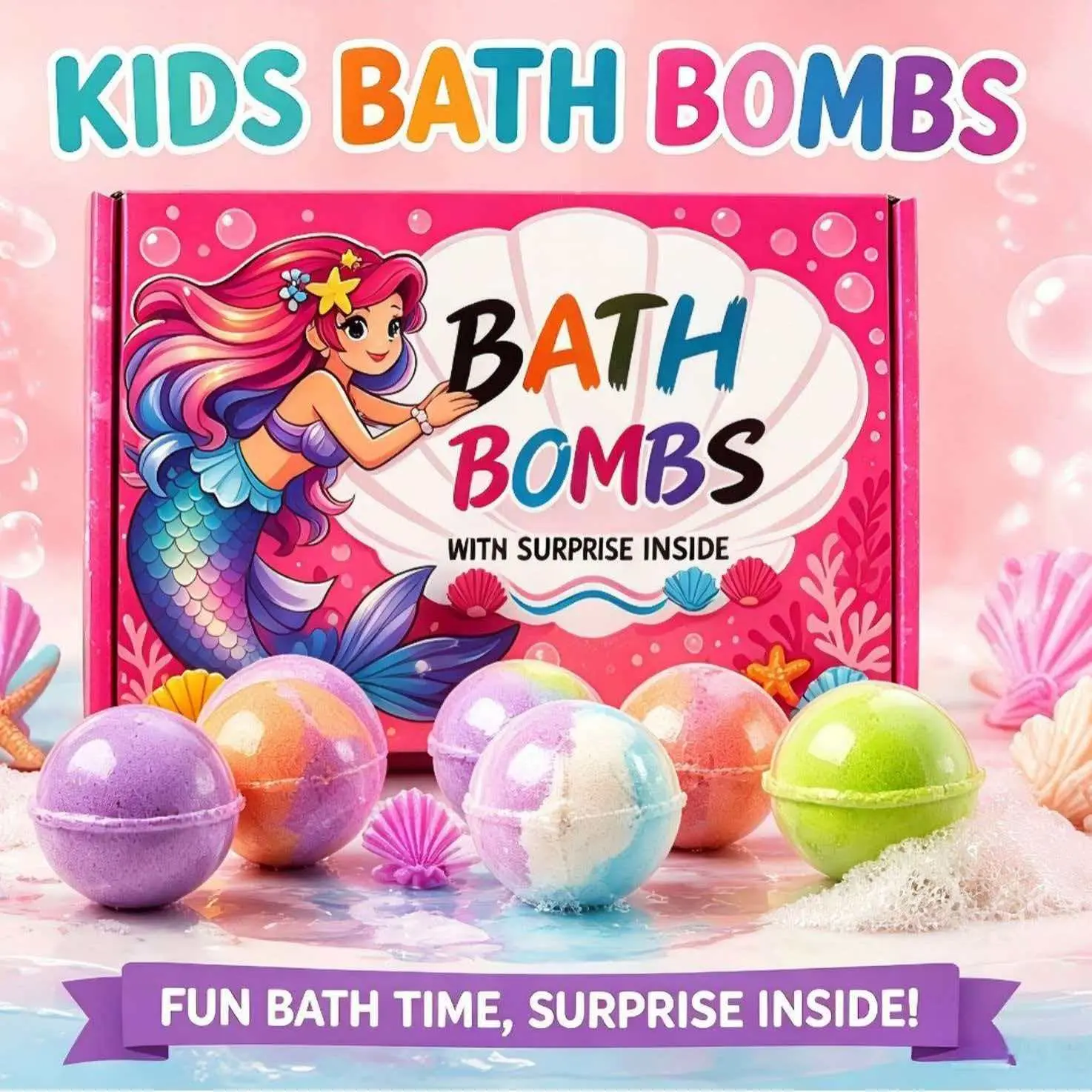 2026 New Ocean Mermaid Kids Bath Salt Balls, 12 Pieces with Essential Oils, Hidden Toys, Moisturizing Soothing Body Care, Great Gift for Children, 60g x 12