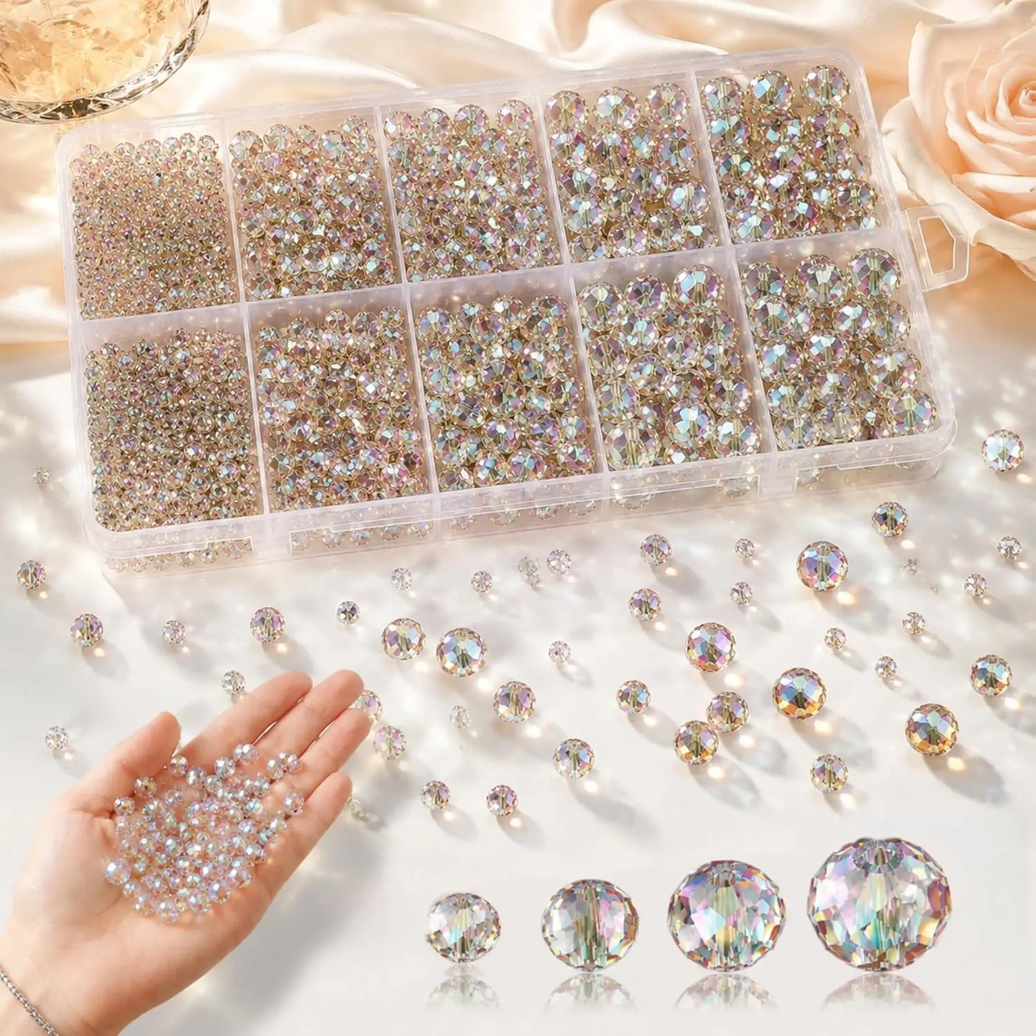 1000 count 4/6/8/10mm Glass  Beads Bulk  Champagne AB | Faceted Rondelle  Glass Beads Bulk for  Making Bracelets Necklaces Suncatchers Earrings DIY Crafts