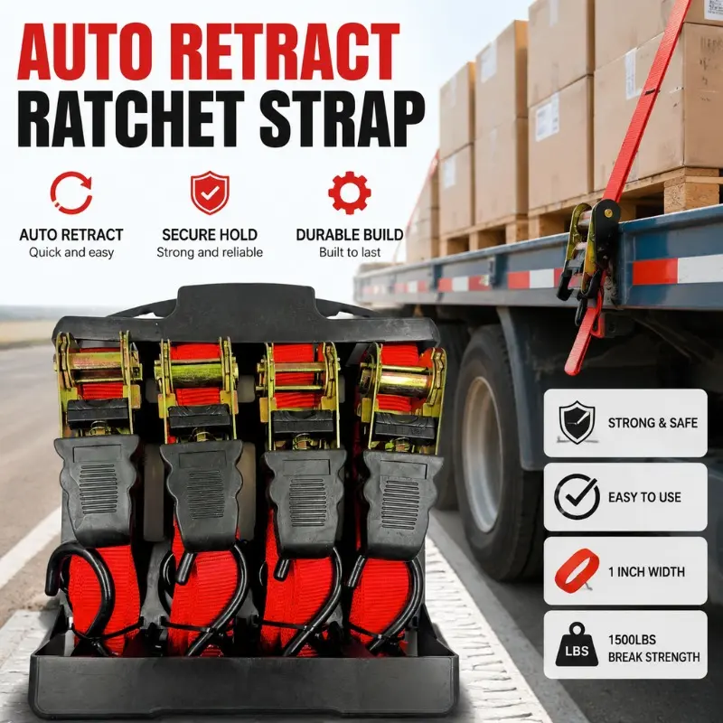 Retractable Ratchet Straps 4 Pack, Automatic Rewind Tie Down Straps with Quick Release Hook, Heavy Duty Cargo Securing Straps for Truck, Trailer, Motorcycle, Bike, Luggage and Moving