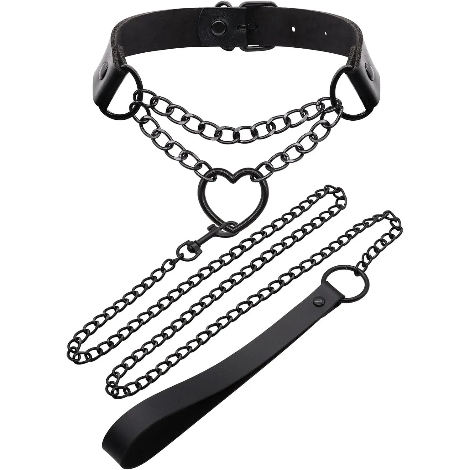 Women's Punk Goth Faux Leather Adjustable Choker Collar - Heart Centerpiece, Buckle Closure, Metal Chain Jewelry Necklace for Halloween Aesthetic