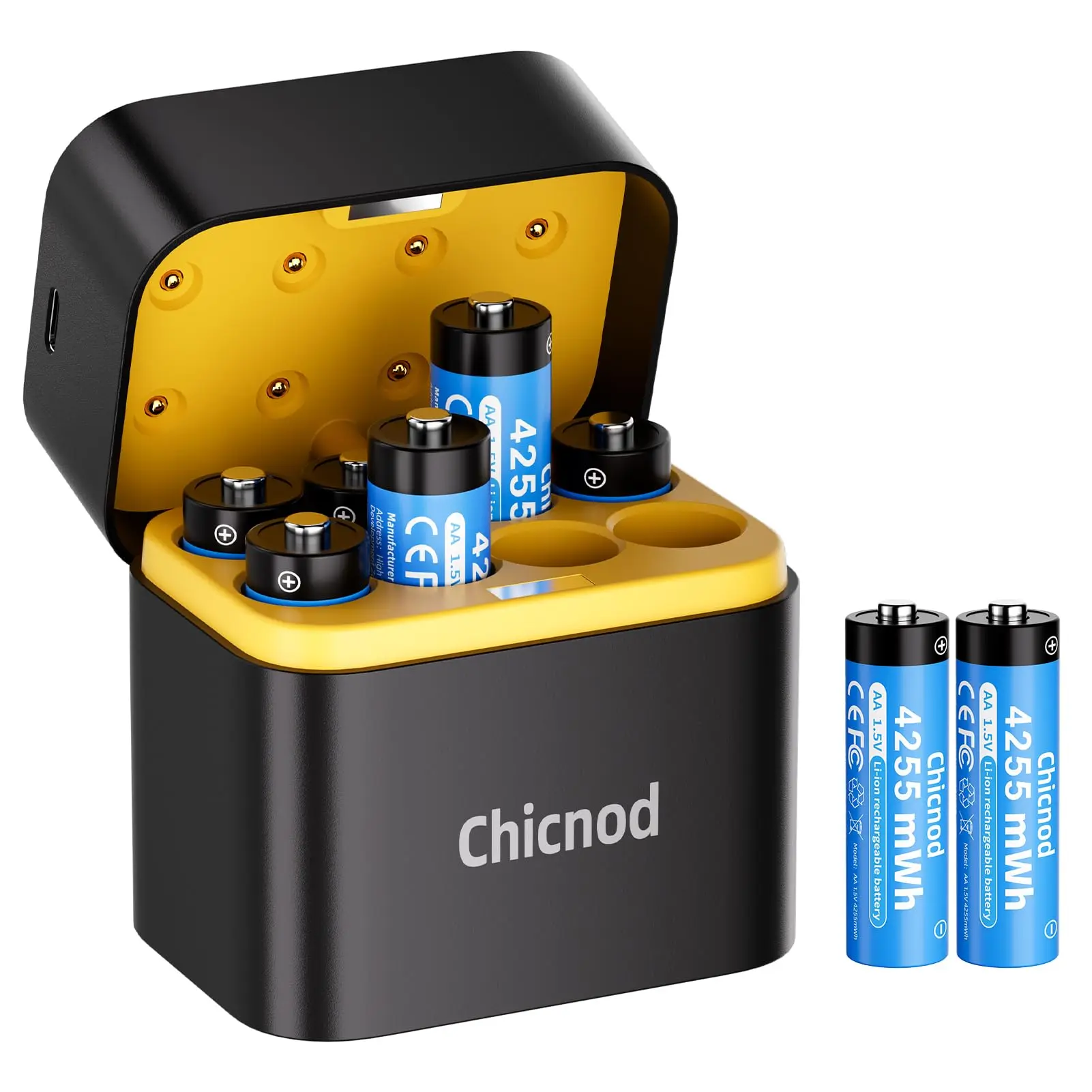 8PCS AA 1.5V Fast Charge Lithium Rechargeable Batteries with Smart Charger, Multiple Slots, Charging Port, and Cable
