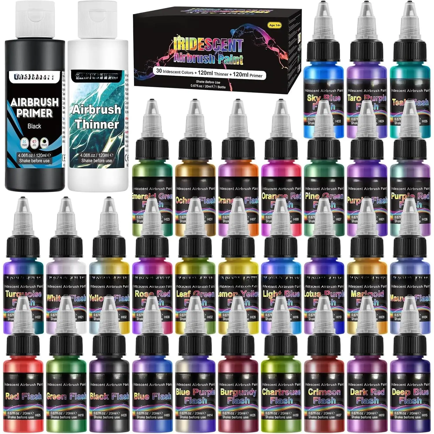Iridescent Ready-to-Spray Acrylic Airbrush Paint Set - 30 Colors, 4.05 fl oz Thinner, 4.05 fl oz Primer, Water-Based, High-Quality Flow, Color Changing Effect, Cleans Up Easily for Multiple Materials
