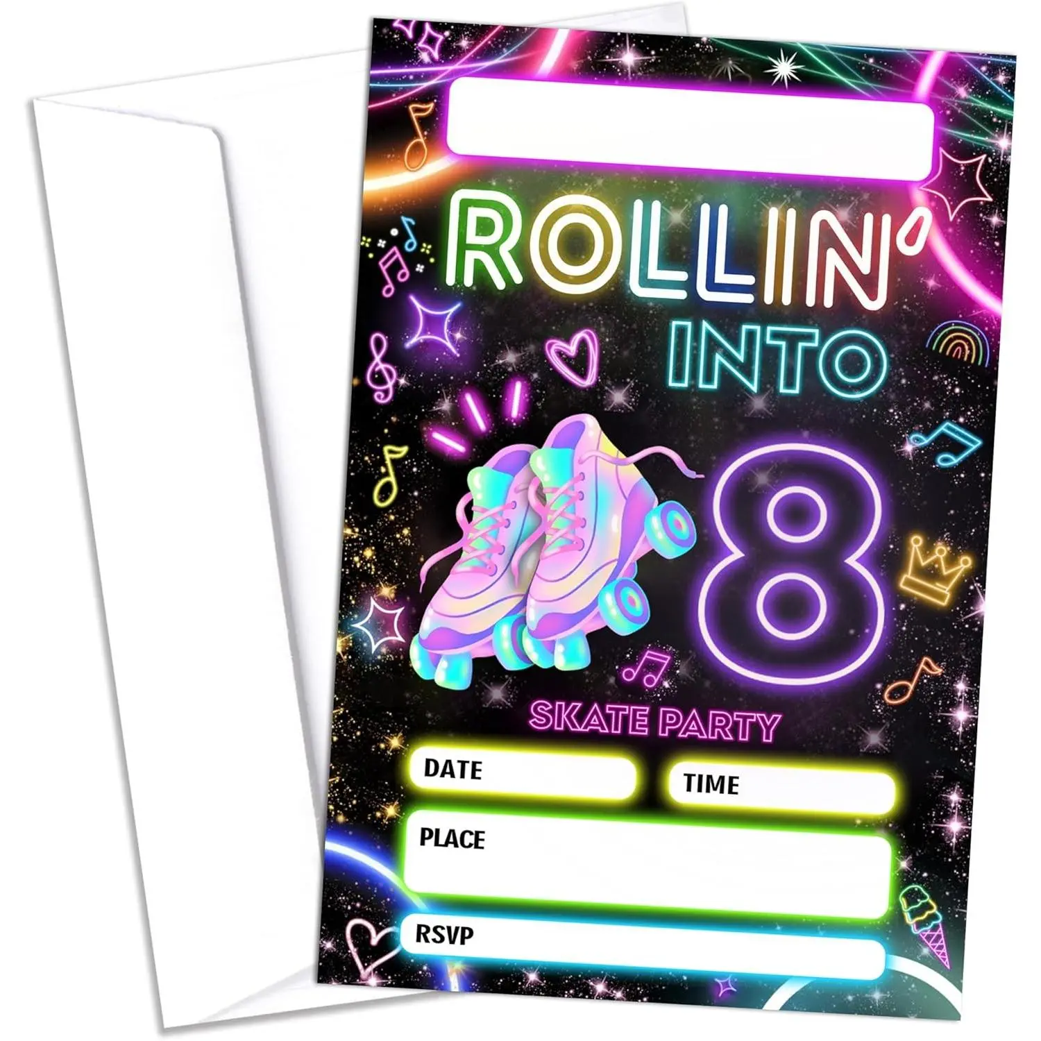 8th Roller Skating Birthday Party Invitations 20 Pcs with Envelopes Roller Skate Theme Birthday Invites for Boys Girls 8th Birthday Party Supplies 4x6 inch