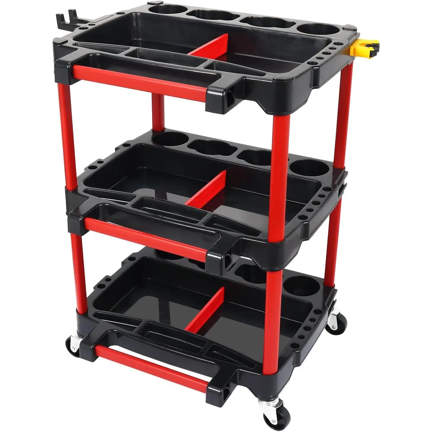 Nilight 3-Tier Rectangular Car Detailing Cart with Polisher Hooks, Hanging Hooks & Organizer - Heavy-Duty Rolling Plastic Utility Mobile Tool Station