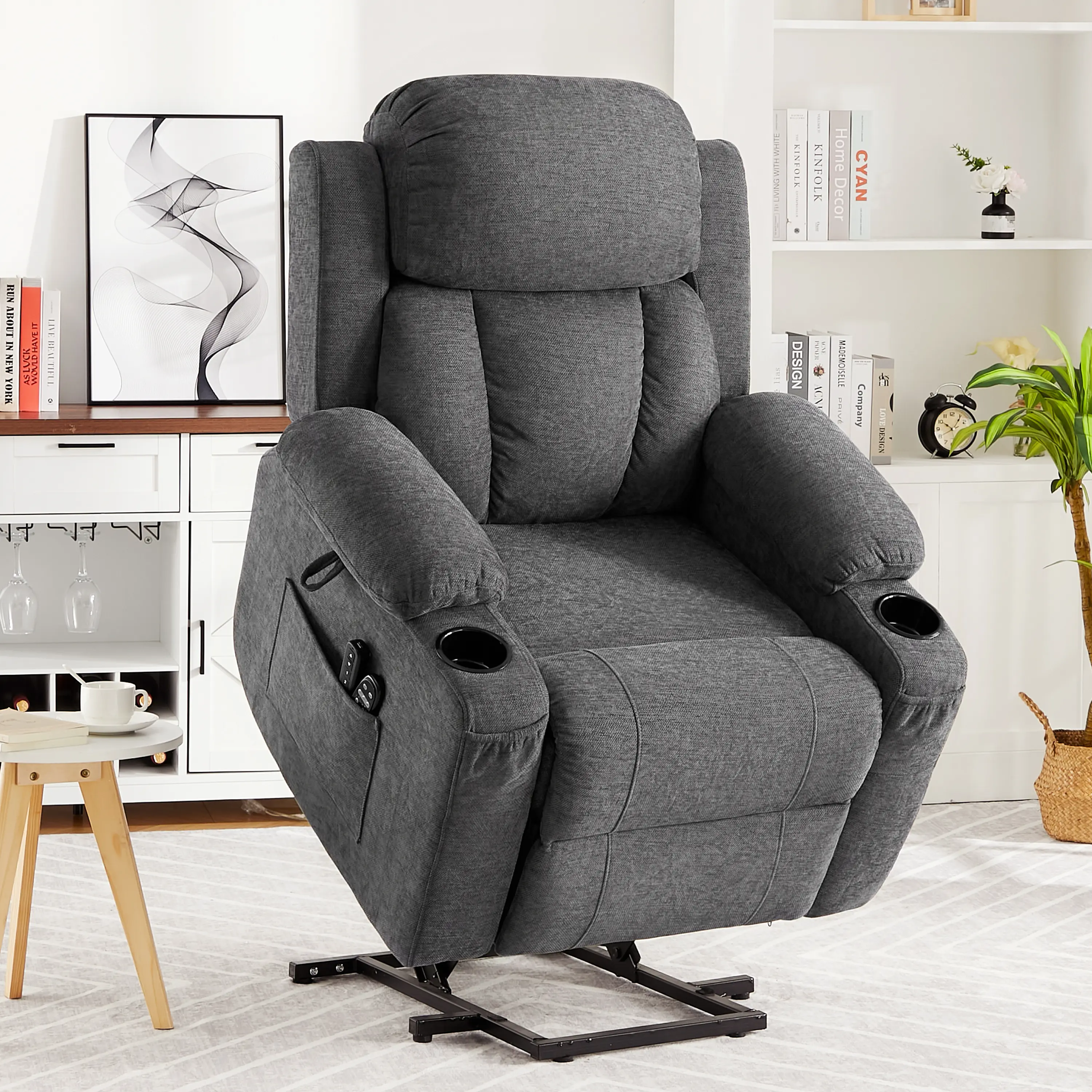 Power Lift Recliner Chair with Massage & Heat – Chenille Electric Lift Chair for Elderly & Adults, Heavy Duty Reclining Chair with 2 Cup Holders