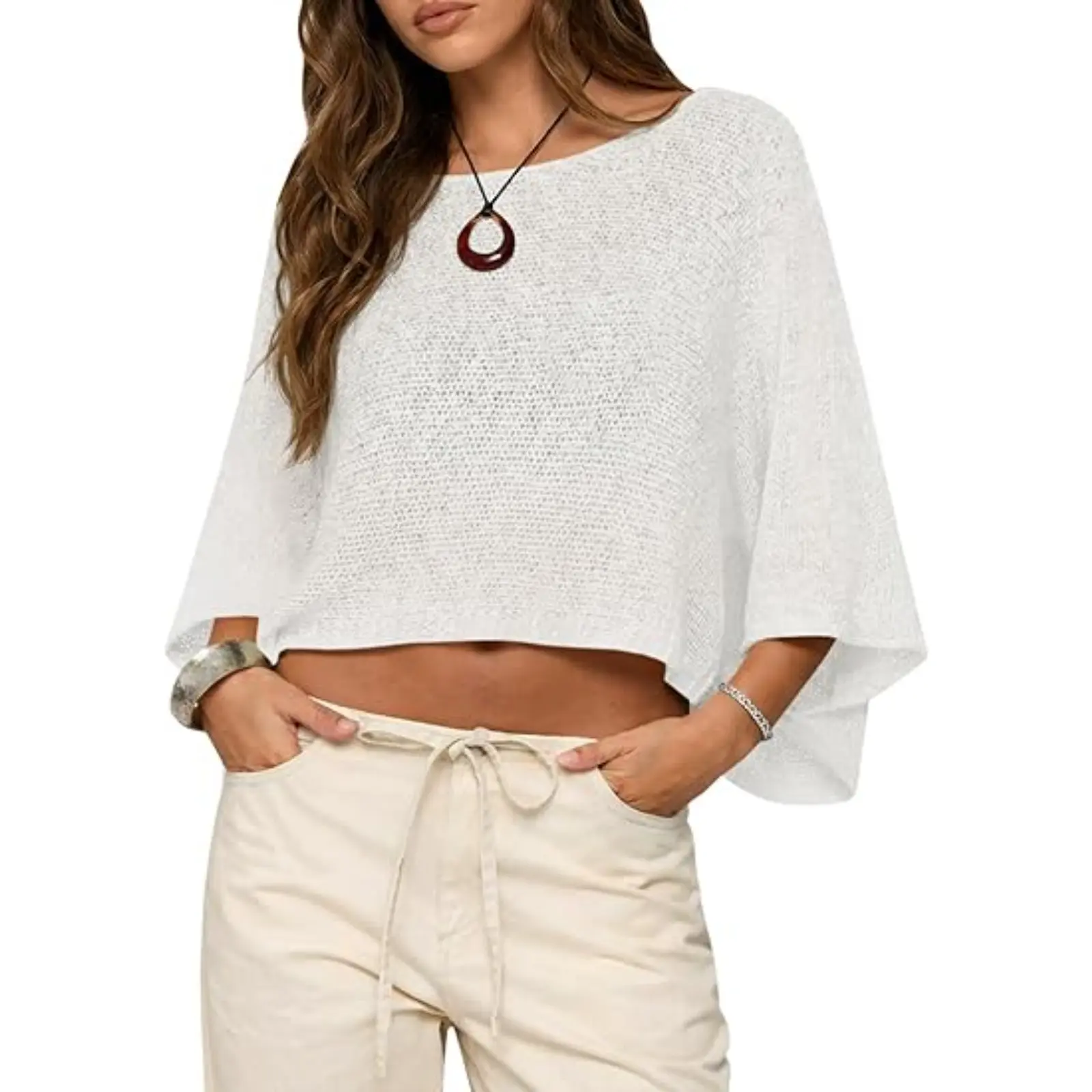 Saodimallsu Women's Boho Crochet Knitwear Sweater - Loose Oversized Batwing Sleeve Sheer Tops, Women's Casual Summer Party Clothes, Basic, Women's Clothes