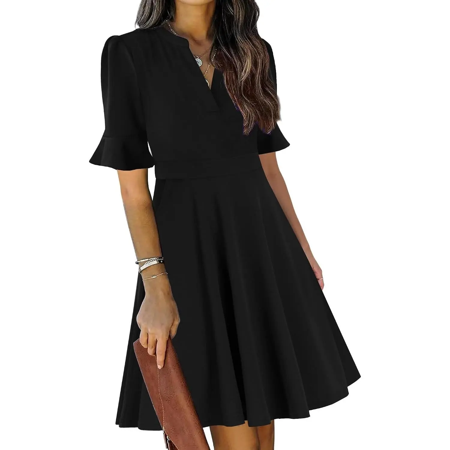 Women's Casual Chic High-Waist Polyester Fitted V-Neck Ruffle Short-Sleeve Knee-Length Fit-and-Flare Piece Dress with Pockets, Skirt-Inspired Church Wedding Guest Dress
