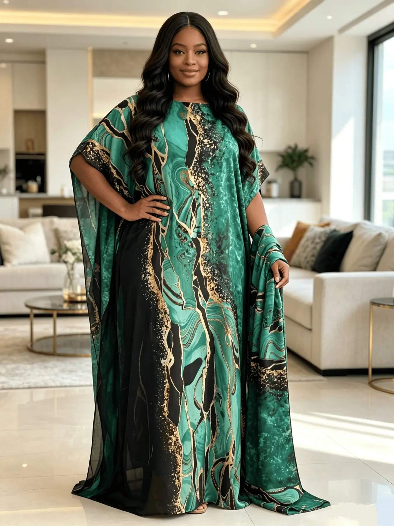 Women's Gold Snake Print Maxi Kaftan Dress, Lightweight Breathable Loose Batwing Casual Long Dress, Beach Resort Loungewear Cover Up