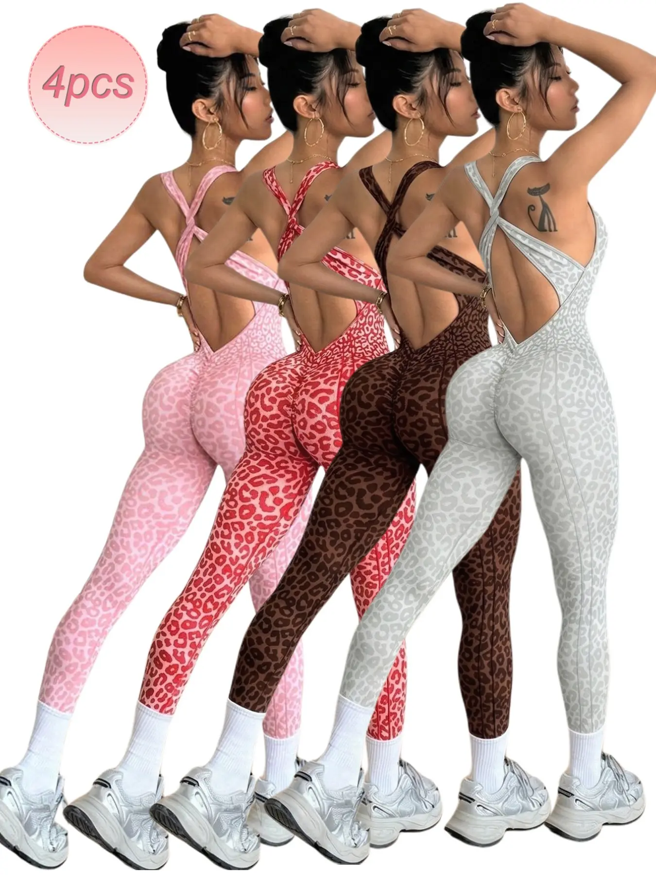 Seamless Leopard Print Sportswear Jumpsuit Set, Backless Cross Shoulder Straps, Detachable Pads, High Waist, Yoga & Gym Wear for Women