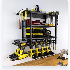 4-Tier Power Tool Organiser Wall Mounted, Heavy Duty Metal Garage Storage Rack with Cordless Drill Holder, Workshop & Shed Tool Organiser for Electric Drills, Screwdrivers and Hammers