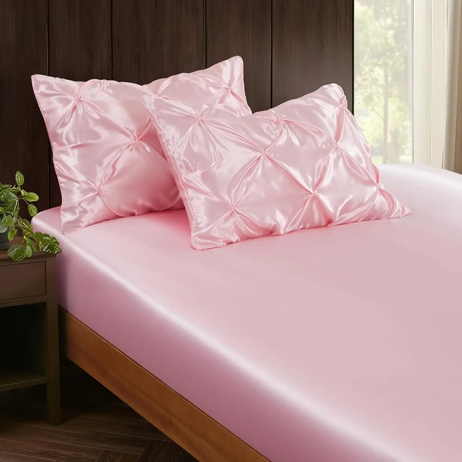 3-Piece Set Pintuck Pillowcases & Queen Fitted Sheet| Include Blush Pink Fitted Sheet + 2 Pleated Pillow Shams, Luxury Bedding Bedroom Dorm Decor 15" Deep