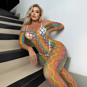 Rainbow Hollow Fishnet Open Crotch Full Bodysuit Costume