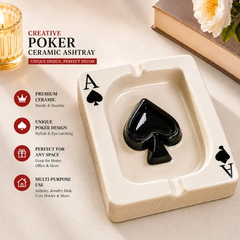 Peppy Spade Shaped Ceramic Ashtray with Smooth Curve for Funky Home Decoration - Glamorous Anniversary and Engagement Gift, Artwork, Water Proof