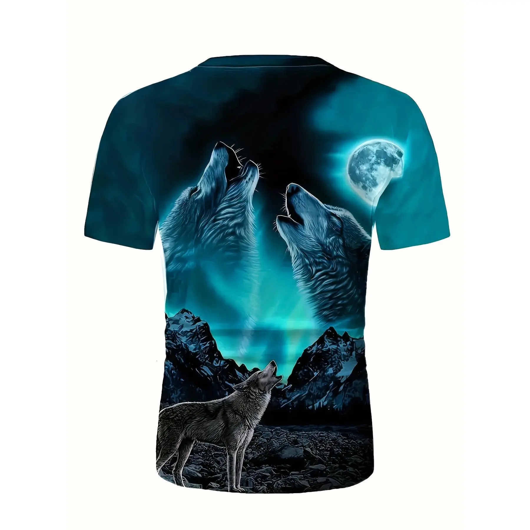 Men's 3D Print Wolf Pack Mountain Night Scene T-Shirt - Vivid Howling Wolves & Full Moon Graphic, Casual Short Sleeve Round Neck Tee, Machine Washable All-Season Outdoor & Casual Attire
