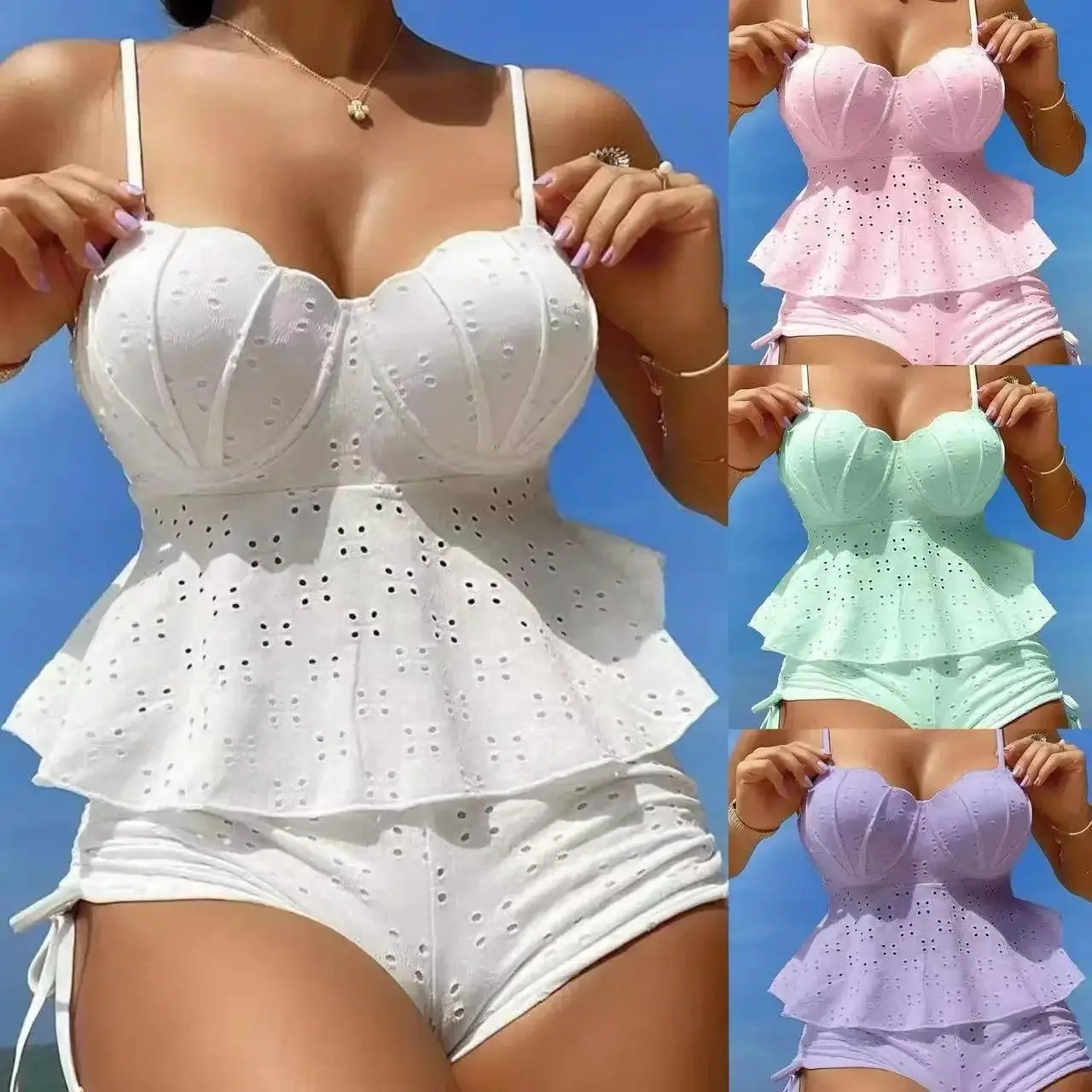 2025 New Bikini Swimsuit Hollow out Shell Hard Pack Solid Color Women's Two-Piece Swimming Costume Pure Color Ladies Swimwear