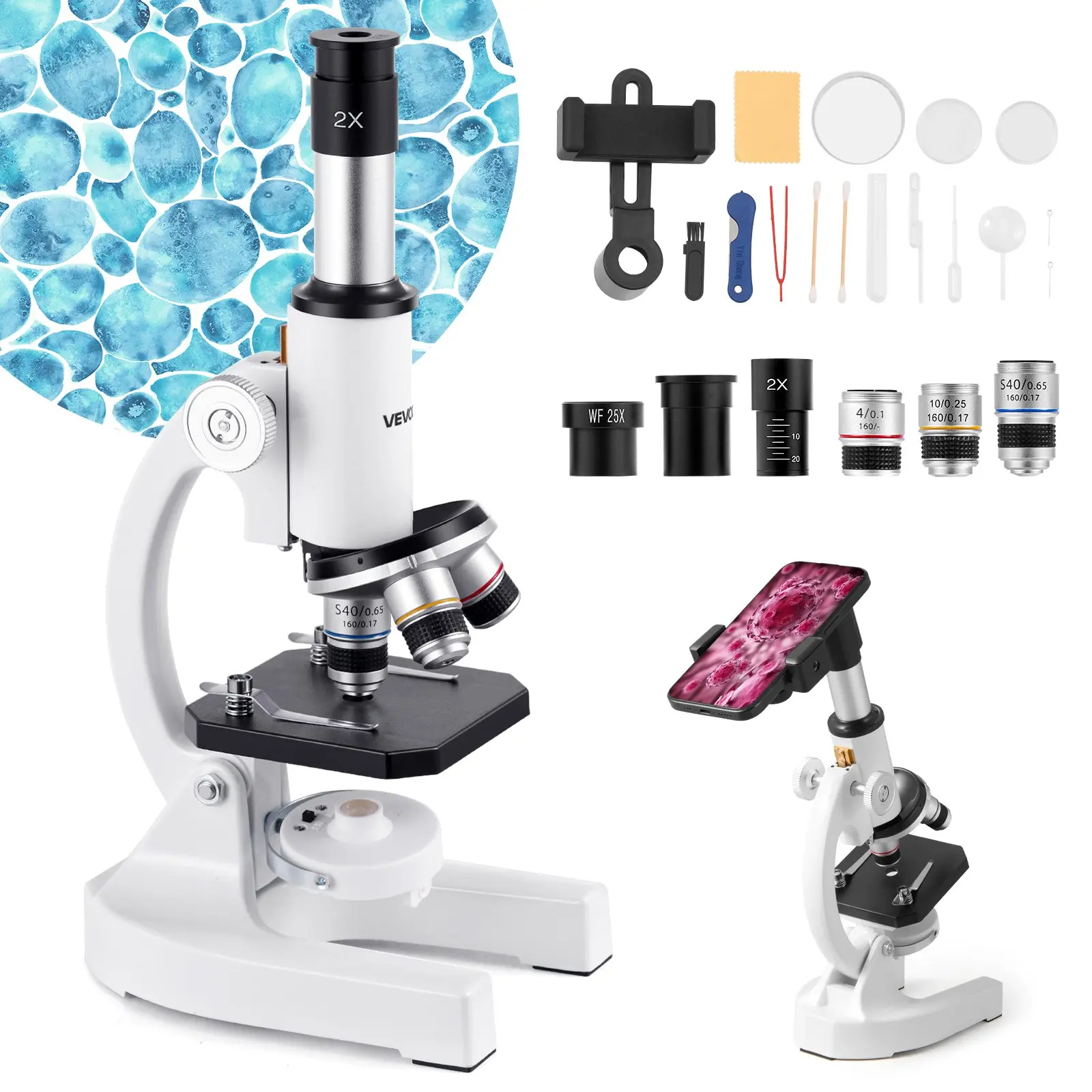 VEVOR Professional Compound Microscope XSP-01A - 40X-2000X High Mag Zoom, 2X, 10X, 25X Lenses, 360° Rotatable Single Eyetube, Aluminum Alloy Frame, LED Light, Mobile Adapter, Effortless & Quick Focusing, 2.12 lbs, 4.3x6.3x11.6 in, for School Labs