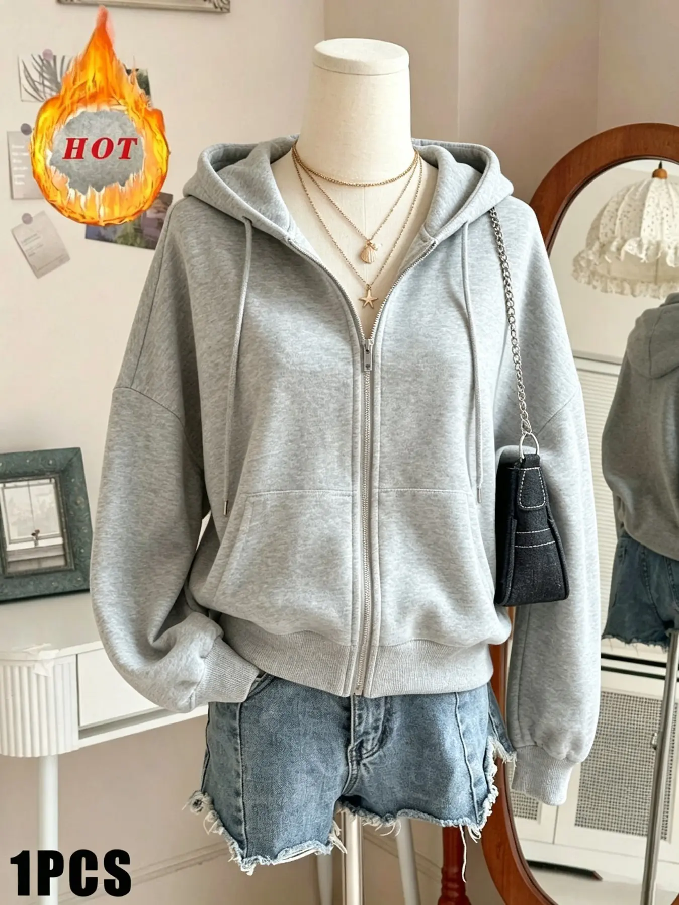 Women's basic full zipper hooded sweatshirt loose long sleeved jacket, versatile Casual cardigan jacket for daily home leisure and outdoor in autumn and winter