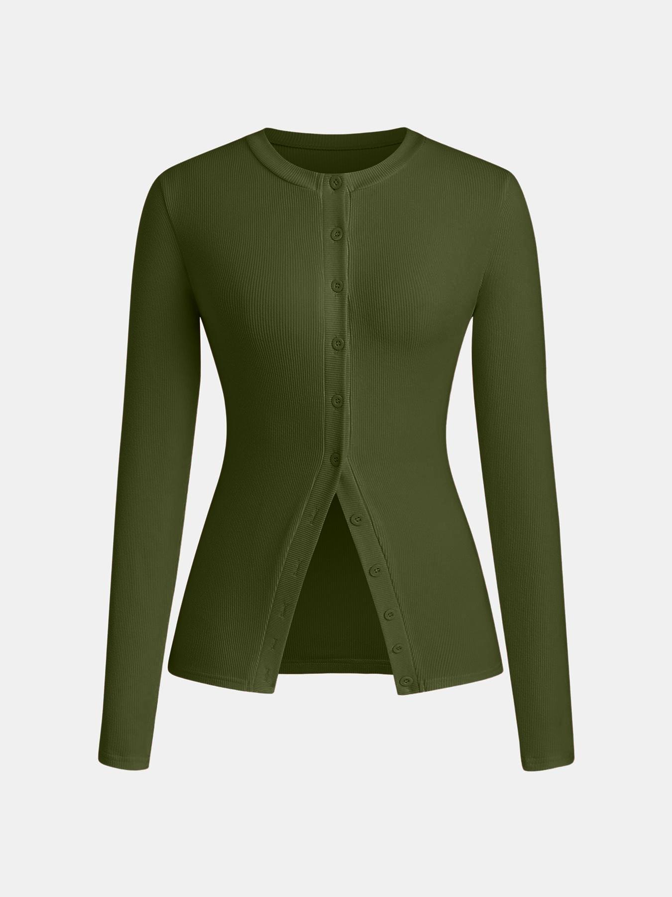 Women's Casual Round Neck Long Sleeve Button Front Top, Basic Solid Color Design, Extended Length, Perfect for Daily Wear, Womenswear