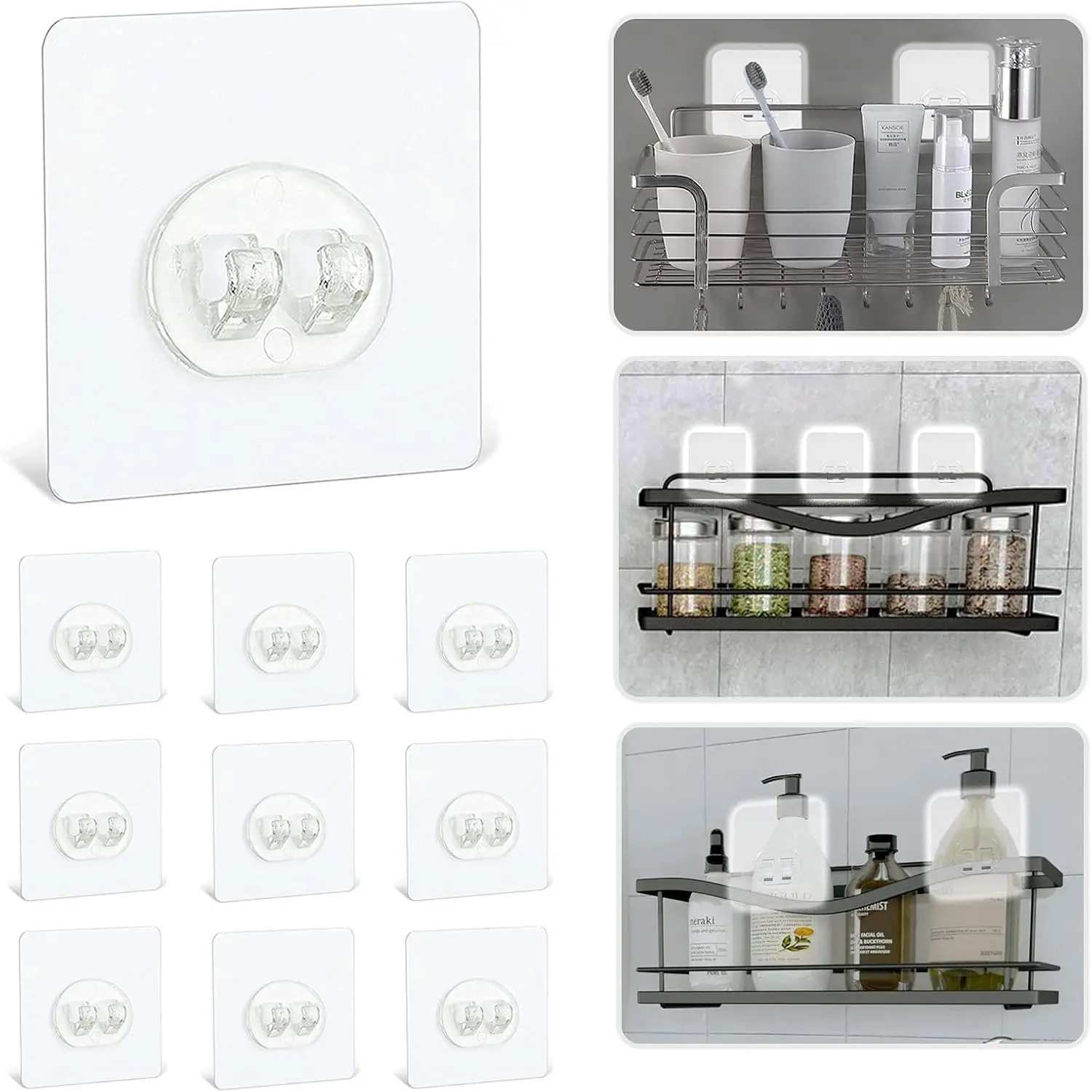 Smooth Stainless Synthetic Adhesive Shower Hooks (Pack of 10) for Modern Shower Shelves, Corner Shelf Baskets