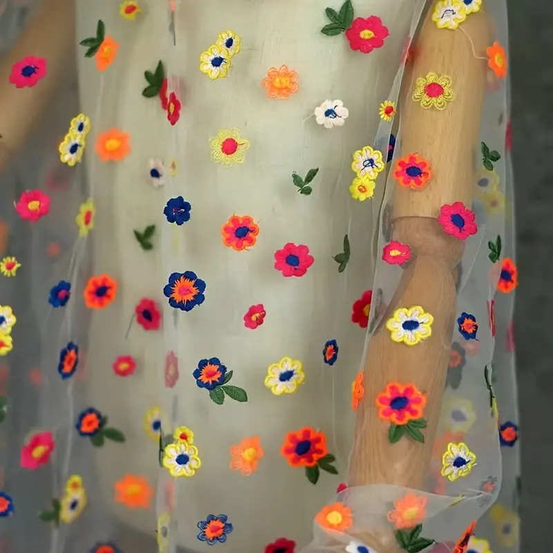 Colorful Floral Embroidered Sheer Tulle Fabric - Multicolor Flower-Leaf Mesh Cloth for Wedding Dresses, DIY Sewing Crafts