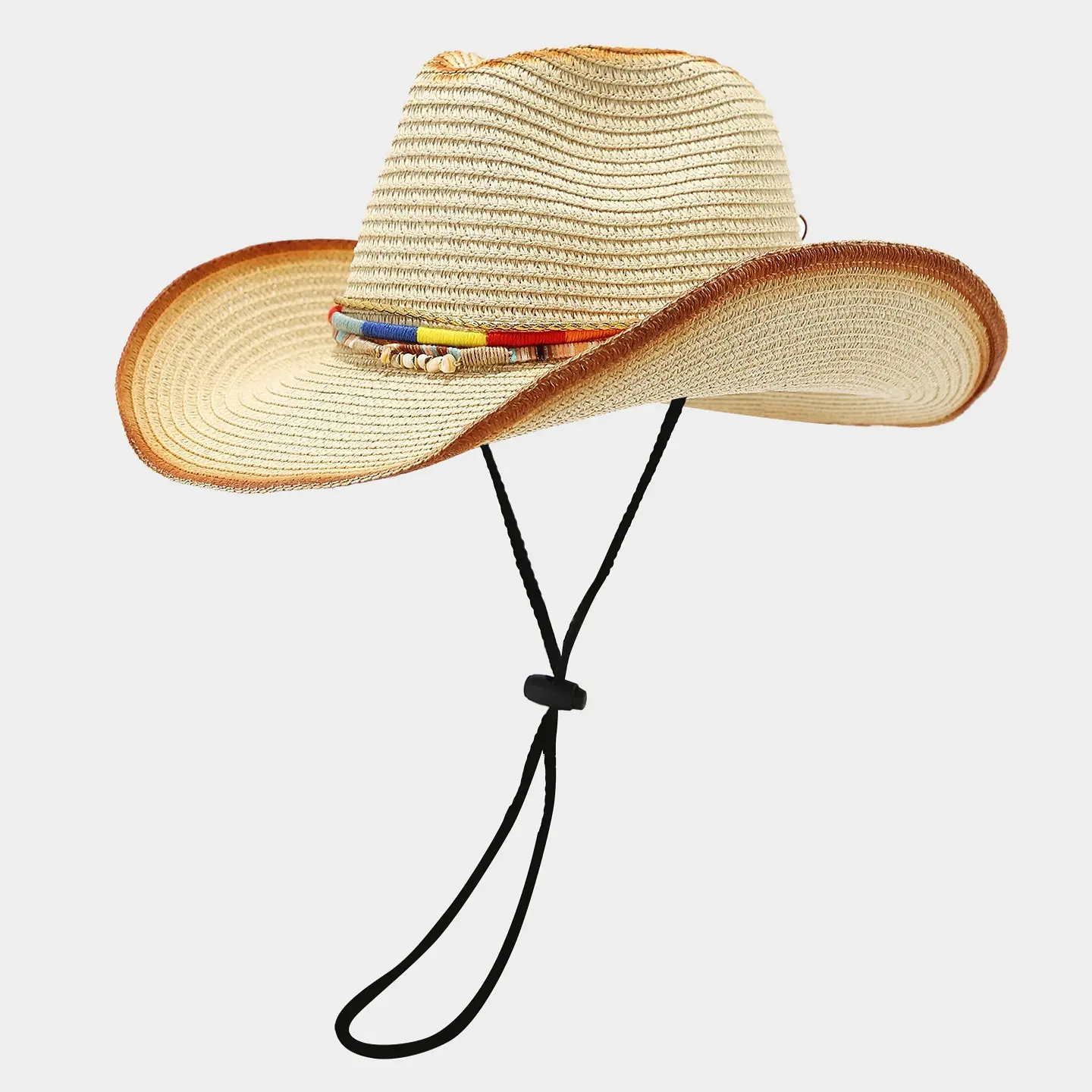 Unisex Western Cowboy Straw Hat - Wide Brim Fedora with Boho Beaded Band, Adjustable Chin Strap, Straw Fabric, All Seasons Sun Protection for Summer Beach (Sports & Outdoor Accessory), Cowboy Hats, Fedora Cap, Fedora Hats, One Size Fits All