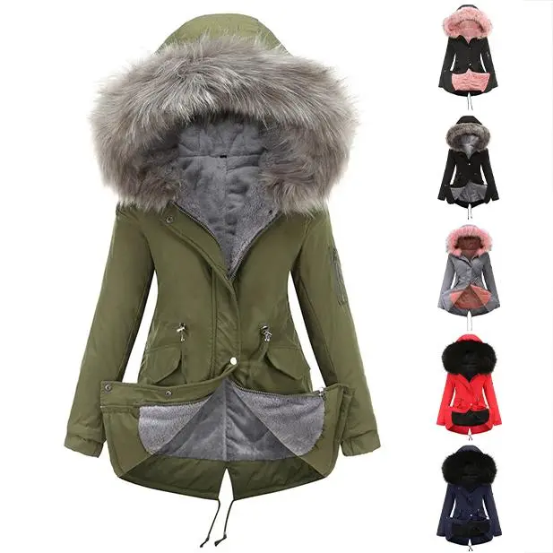 Women's Casual Fitted Warm Fleece Parka - Long Sleeve, Windproof Hooded, Mid-Length Outerwear with Zipper-Button Closure for Winter, Tops, Coats