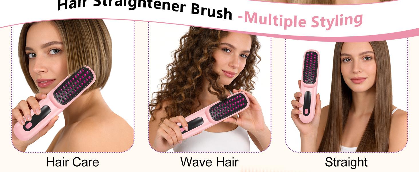 Go Brush Pro 2026, Portable Straightener Brushs for Travel, with LCD Temperature Display, Fast Heating Cordless Mini Hair Brushs (Pink)