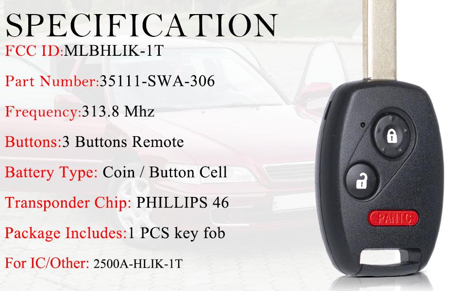 Key Fob Remote Replacement Fits Honda CRV 2007 2008 2009 2010 2011 2012 2013/CRZ 2007-2014 2015/Fit/Insight/Accord Coupe/Crosstour MLBHLIK-1T Keyless Entry Remote Control 35111-SWA-306