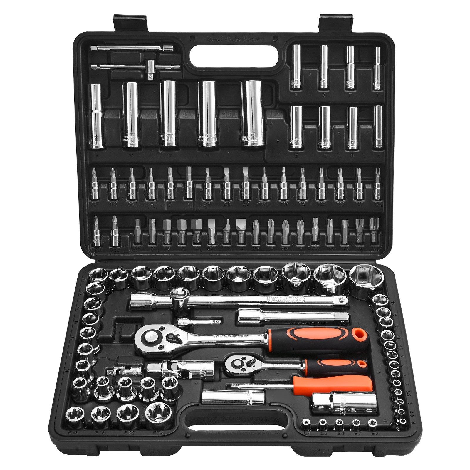 VEVOR Socket Set, 108 Pieces, 1/4 & 1/2 inch Drive Socket and Ratchet Set, Metric Size from 4 to 32 mm, Mechanic Tool Kit with Bits, Accessories, Storage Case, CR-V Alloy Steel, for Automotive Repair