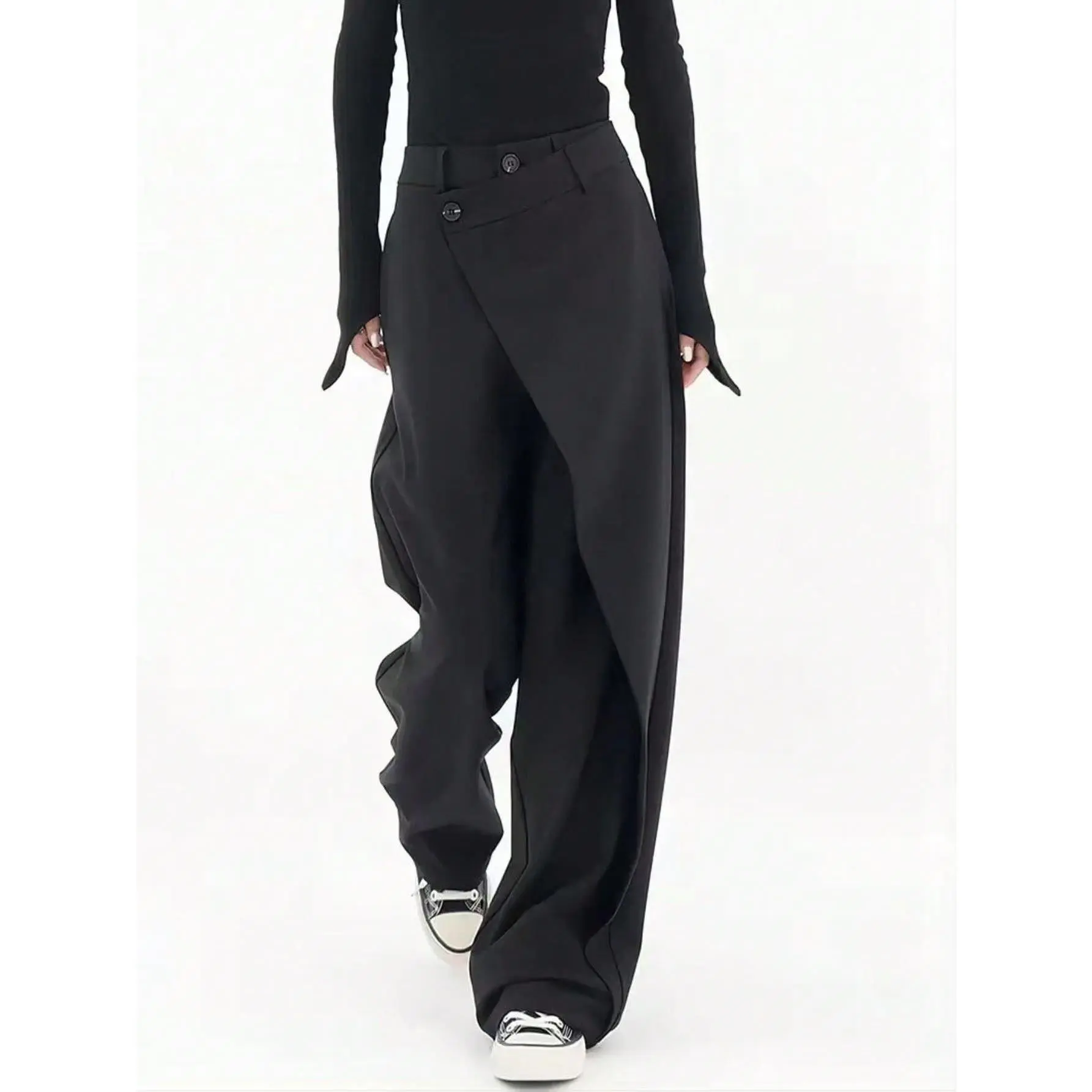 ASANDY Women's Wide Leg Pants, Casual High Waist Straight Trousers with an Asymmetric Wrap Waist for a Comfortable Fit, Bottom, Style, Irregular Overlap Waistband, Bottoms, Black Pants, Baggy, Clothes, Woven
