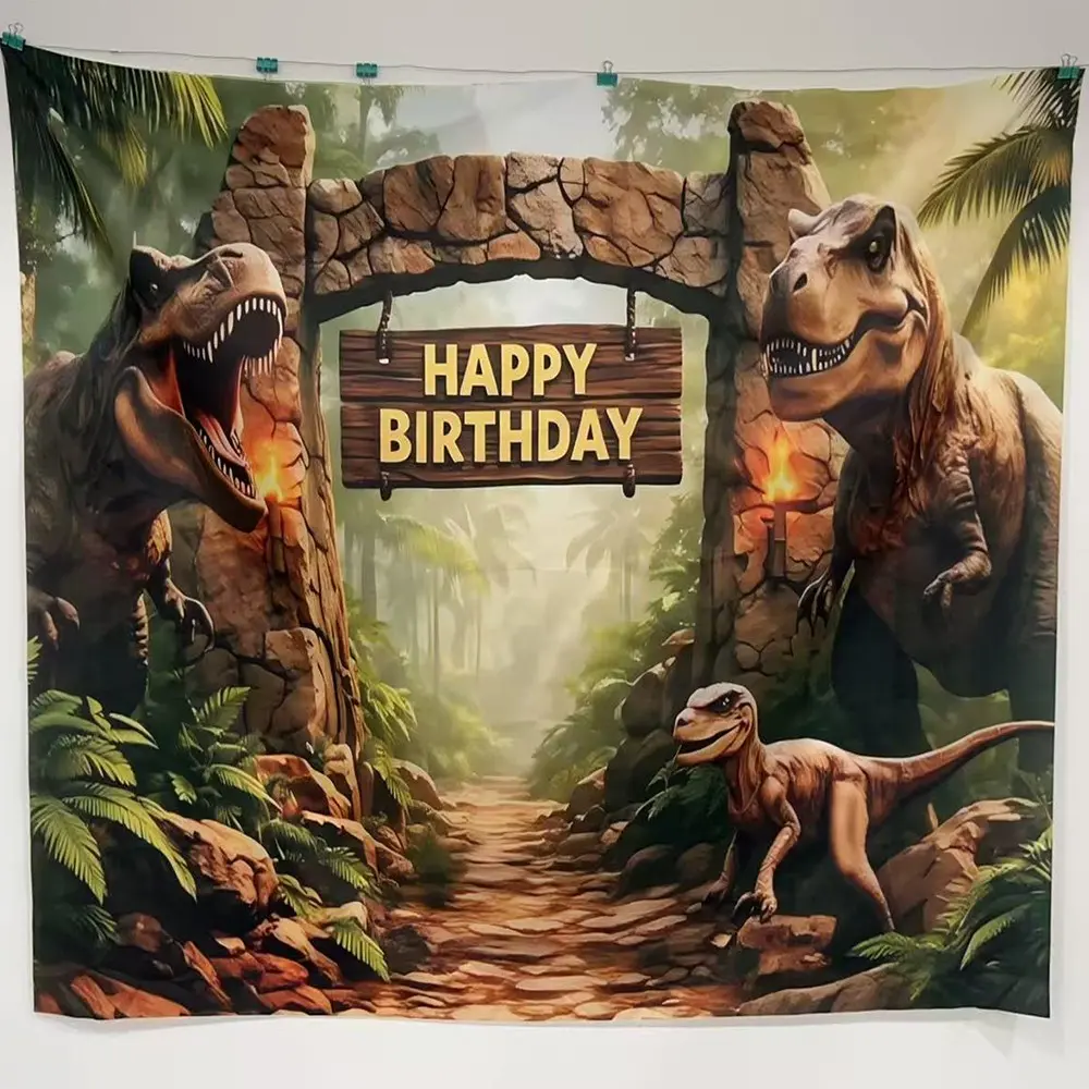 2D flat banner 1pc dinosaur theme birthday backdrop cloth, T-Rex jungle rock arch printed decorative wall cloth, suitable for prehistoric adventure birthday parties, outdoor birthday decoration hanging cloth for courtyard, polyester material,