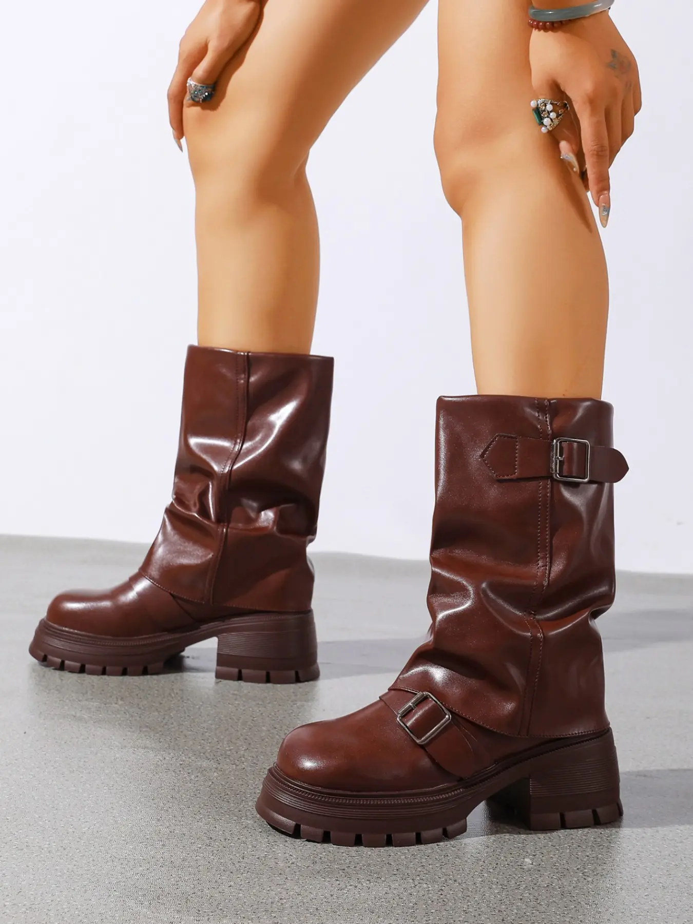Sweet Punk Style PU Leather Boots for Women, Thick Sole Chunky Heel, Fall Winter Workwear, Above Ankle Below Knee Height