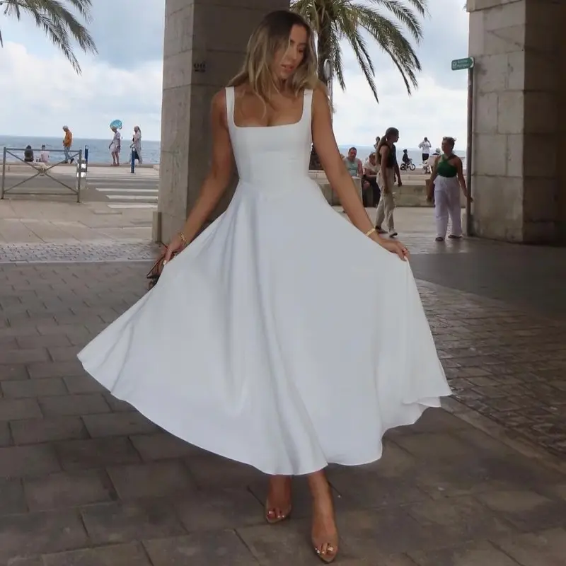 Ocean Style New Spring Summer European Women Solid Color Square Neck Spaghetti Strap Sleeveless Waist Cinched Elegant Slim Midi Dress, Casual, One Piece