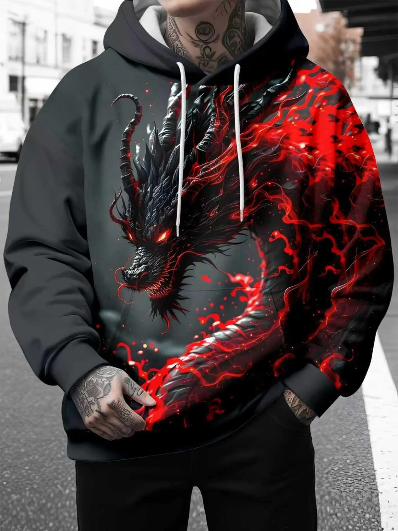 Men Fiery Black Dragon Full Print Hoodie, Cool Fantasy Creature Graphic Pullover Hooded Sweatshirt, Streetwear Casual Long Sleeve Tops For Daily Punk Style Outfits