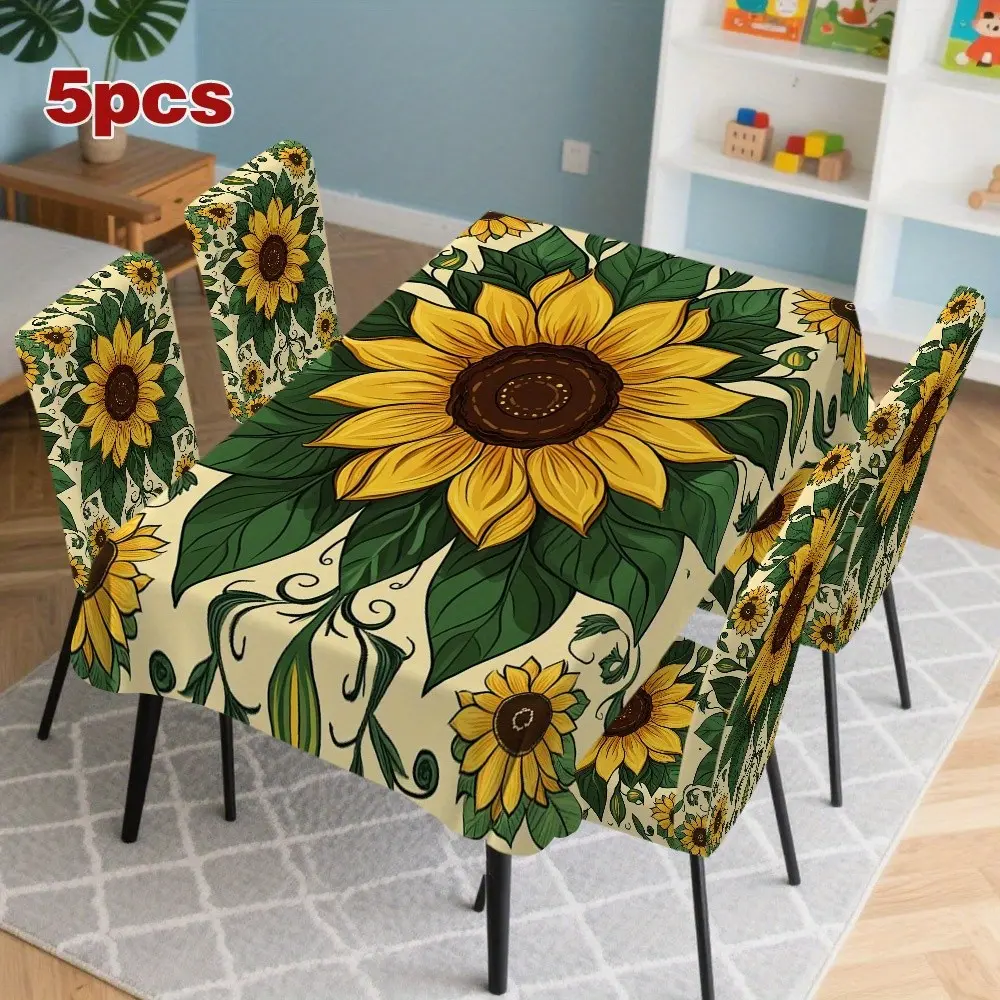 Sunflower and Leaf Pattern Tablecloth Set, 4/5/6/7 Pieces, Ideal for Home Decor, Easy Maintenance, Perfect for Any Occasion