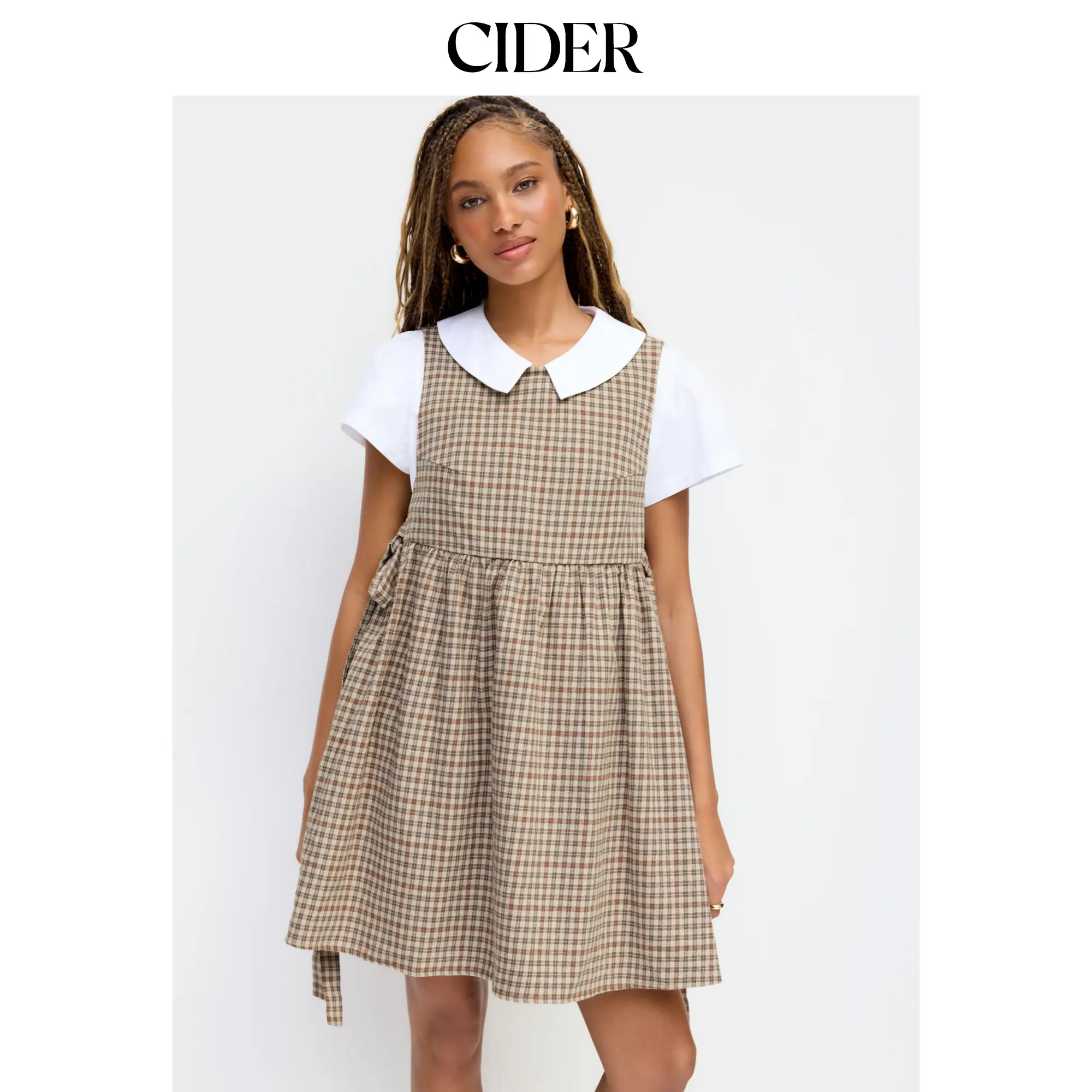 Cider Flannel Round Neckline Tartan Tie Side Knotted Ruffle Hem Mini Dress SohoChic