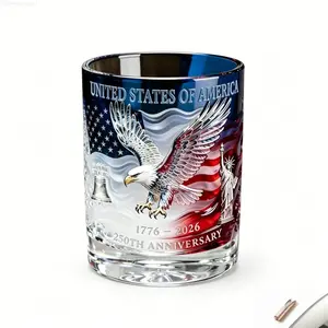 USA 250th Anniversary Whiskey Glass With Wooden Gift Box Patriotic Commemorative Bourbon Tumbler Rock Cup Embossed Bald Eagle For Men Dad Husband Home Bar Decor Independence Day Celebration 4th Of July