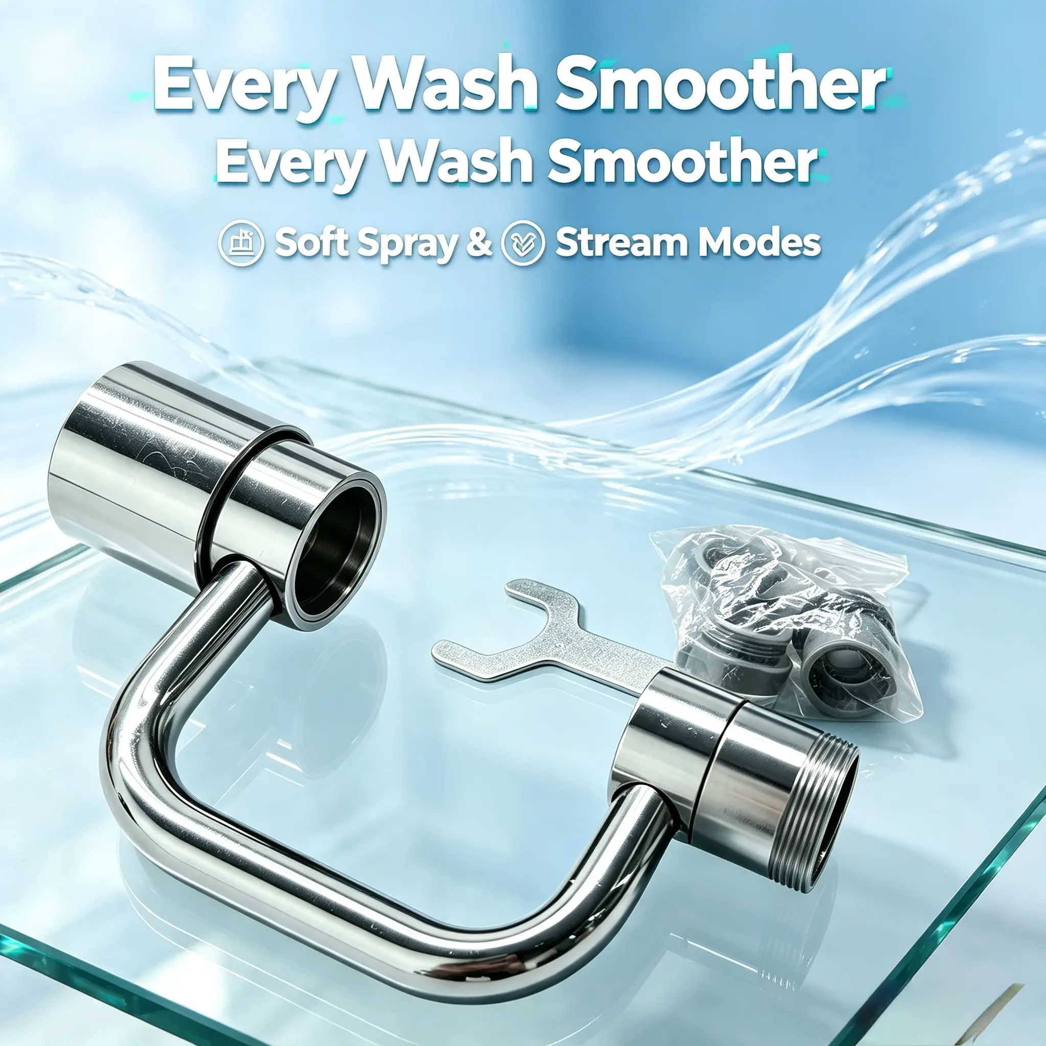 Chrome-Plated Universal Fit Kitchen & Bathroom Faucet Aerator - 360° Swiveling Spout, 2-Mode Water Spout Fixture Accessory with Multiple Adapters